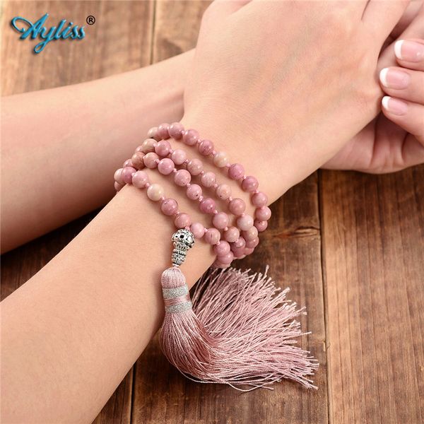 

ayliss 6mm natural rhodochrosite/moss carnelian 108 buddhist prayer bead tibetan mala multilayer wrap bracelet necklace tassels, Golden;silver
