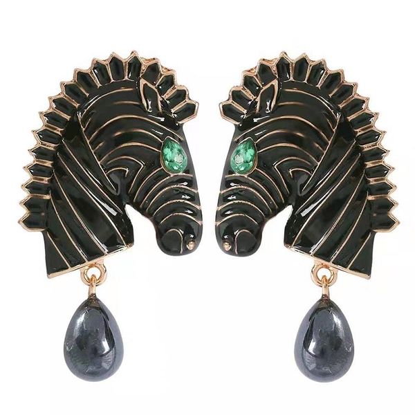 

fashion-gem dangle earrings for women luxury designer colorful horse pearls dangling earrings vintage animal pendant stud jewelry gift, Silver