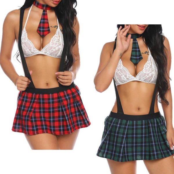 Sexy Schulmädchen-Uniform-Kostüme, Spitzen-BH und Hosenträger, karierter Faltenrock, Krawatten, Dessous-Kostüm-Set für Damen, Cosplay, Clubwear, Schwarz, Weiß, Mehrfarbig