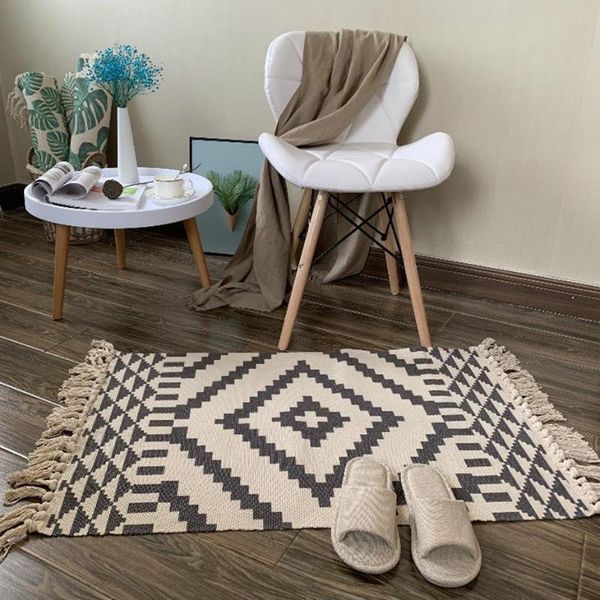 

2020new retro bohemian hand woven cotton linen carpet rug bedside rug geometric floor mat living room bedroom carpet home decor