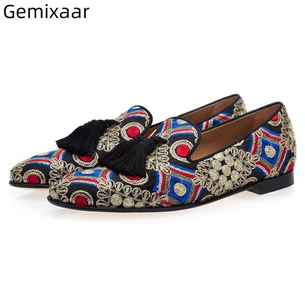 

blue cotton embroided men shoes round toe decor tassels flat heel party shoes autumn 2019 new black tassel men loafers