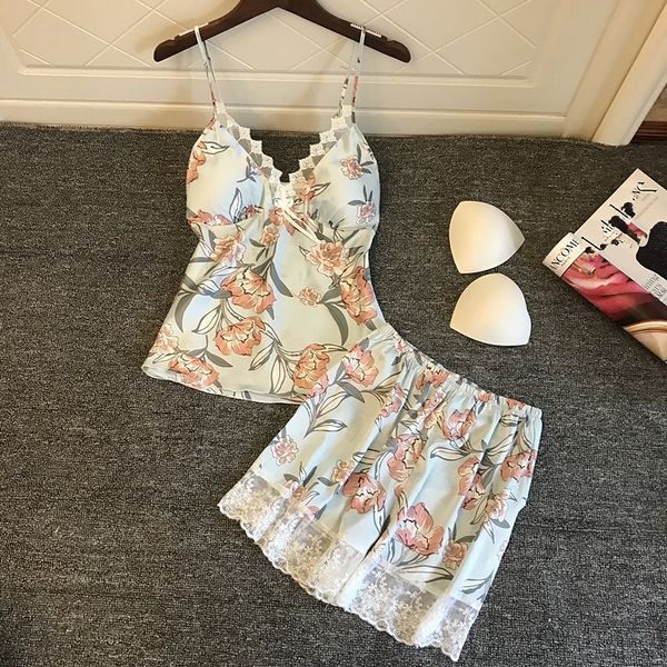 

2019 spring summer fashion floral print 2 piece pajamas v-neck fashion spaghetti strap lace simulation silk pajamas suits, Blue;gray
