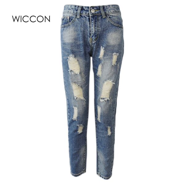 

boyfriend style jeans for women 2019 new fashion summer loose holes denim straight pants high waist ripped bleached trousers, Blue