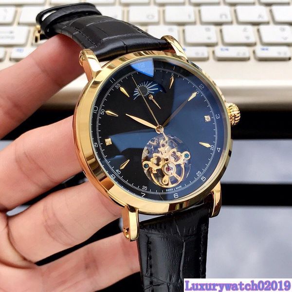 

luxury man watch moon phase tourbillon mechanical movement refined steel bezel 44mm dial plate leather strap wristwatch, Slivery;brown