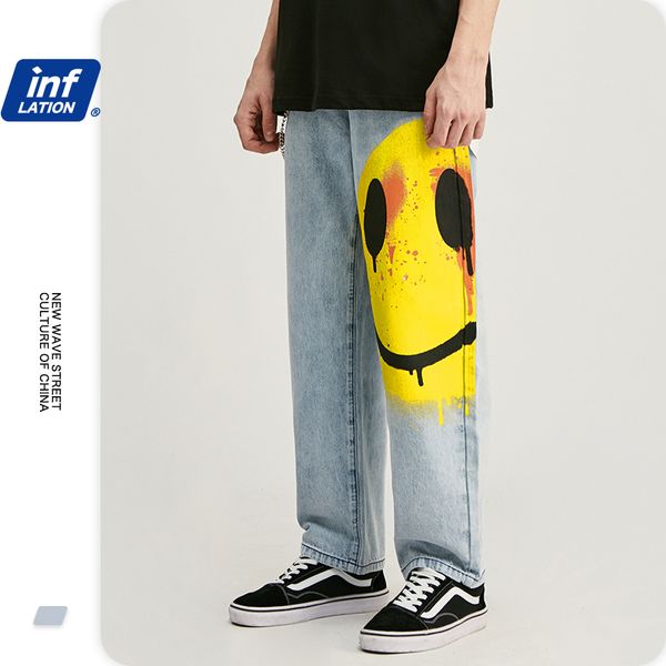 

inflation men's stretch loose fit jeans men's denim pants streetwear blue jeans pants with smile face 3091s20