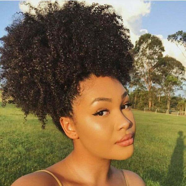 High Puff Afro-Pferdeschwanz mit Kordelzug, kurzer Afro-Kinky-Curly-Pferdeschwanz, zum Anklipsen in menschliches lockiges Haar, Dutt, Pferdeschwanz, Wickel-Hochsteckfrisur, Haarverlängerung, 140 g