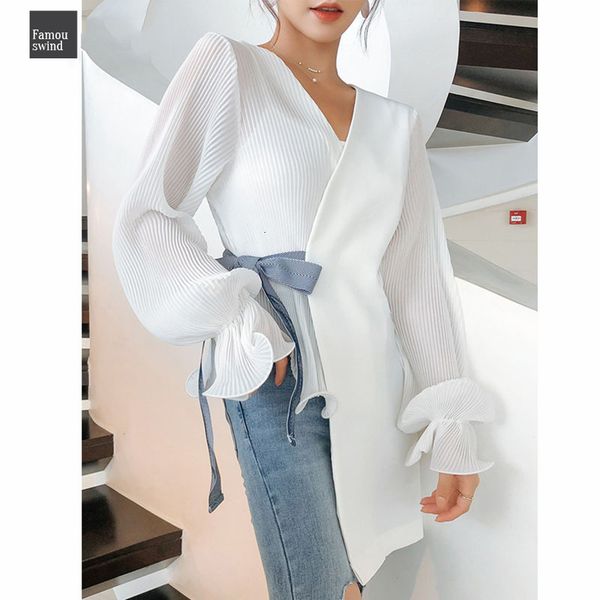 

white fashion irregular women blouse patchwork v neck blusas bow belted elegant office lady long sleeve cardigan