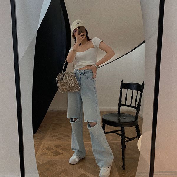 

factory direct high waist double cut ripped jeans womens spring 2020 new korean style mopping straight wide leg pants fashion, Red