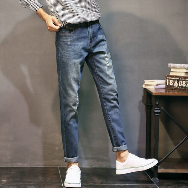 

осень и зима hole мужские джинсы дизайнерские джинсы мода тонкий ножки мужские повседневные брюки доступные размеры 27-36, Blue