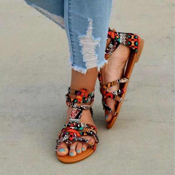 

bohemian colorful female beach flat plus size 34-43, Black