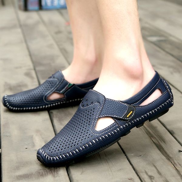 

excargo summer leather men's sandals breathable hole shoes 2020 new slip on loafers summer genuine leather sandals for men, Black