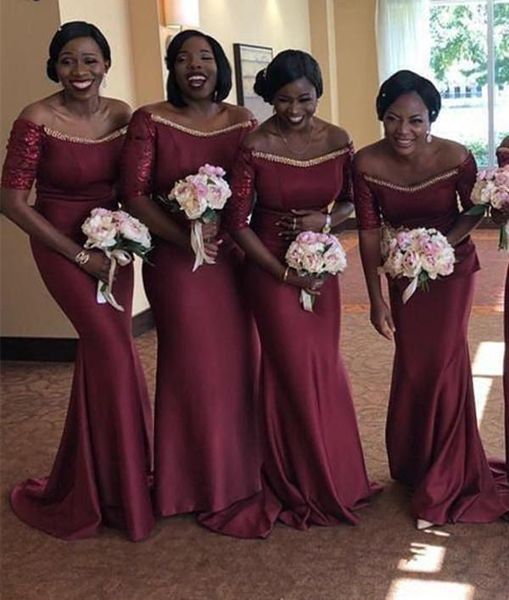 

burgundy satin mermaid bridesmaid dress with short lace sleeves zipper back party dresses beaded prom wedding guest dress b26, White;pink
