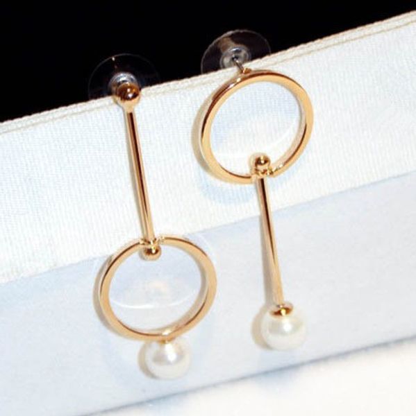 

18k rose gold fashion designer geometry circle pendant pearl drop stud earrings for woman girls dangle Chandelier
