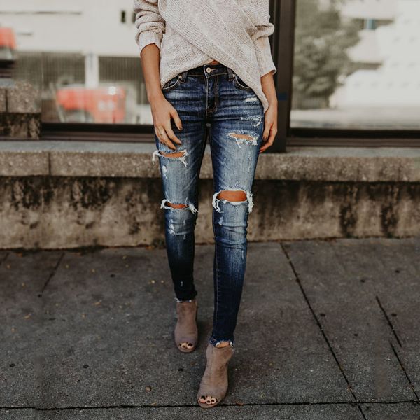 

jeans women office quality women's clothing slim whitening process with cotton bomb holes trousers pants women clothes 2020, Blue