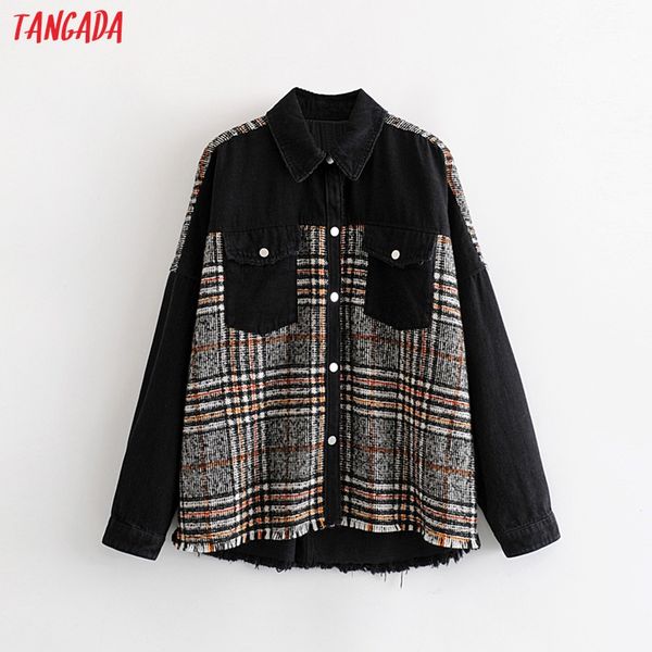 

tangada fashion women plaid patchwork denim jacket casual style loose black coat long sleeve pockets high street 3w102, Black;brown