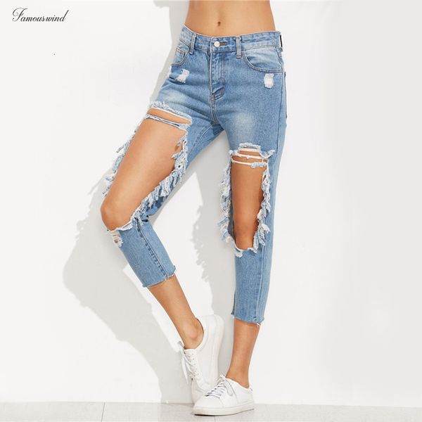 

extreme distressed skinny cropped jeans women blue cut out skinny denim jeans autumn mid waist button fly casual pants