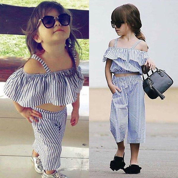 

pudcoco girl set 1y-6y 2pcs toddler kid baby girl clothes stripe ruffle t shirt pants outfits set, White