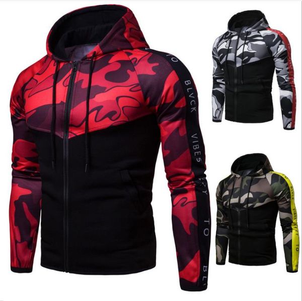 

2020 mens patchwork camouflage sports hoodies gym casual street slim male sweater long sleeve letter printed winter tracksuits, Black