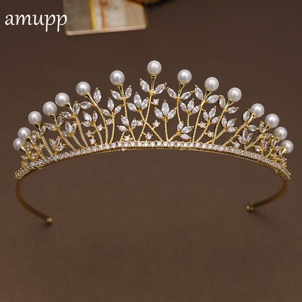 

amupp romantic gold color wedding tiara cubic zirconia simulated pearl brides cz crown bridal hair jewelry zircon coroa gift, Golden;white