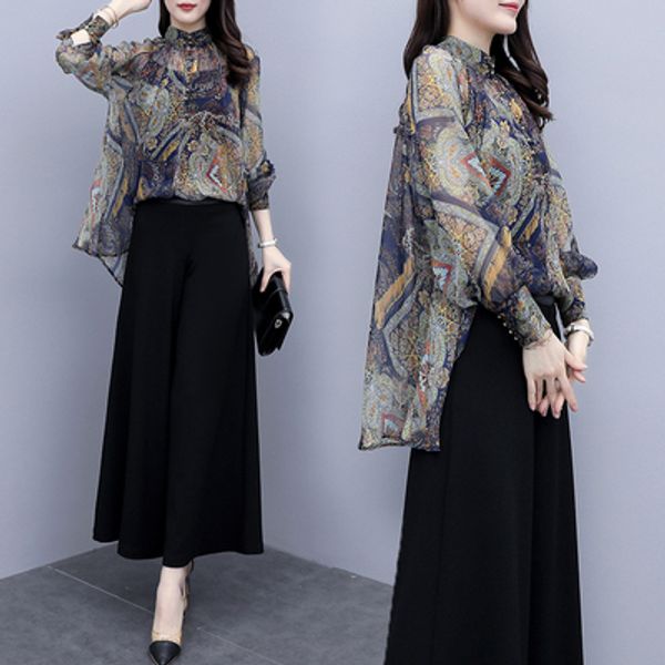 

2020 korean vintage chiffon shirts women loose two piece set high waist culottes pants 2 piece sets ladies clothing fashion sets, White