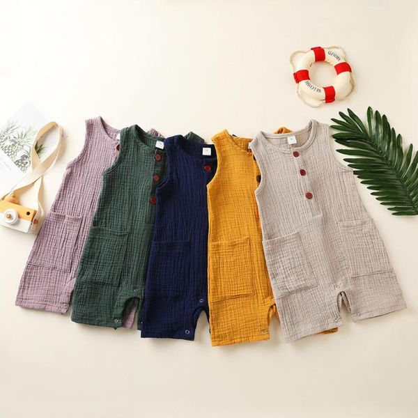 

clothing sets romper baby boy girl solid linen sleeveless with pocket born infant jumpsuit outfit summer fashion clothes, White