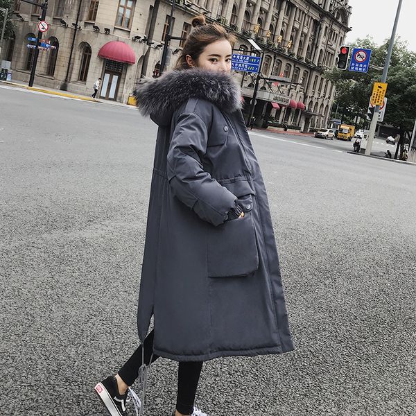 

2019 winter new style down jacket cotton-padded clothes women's dress korean-style loose-fit mid-length over-the-knee hooded cot, Blue;black