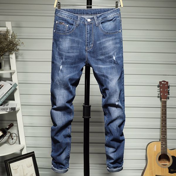 

jeans men personality skinny hole straight pants casual fashion slim fit denim men jeans pant 2019 new, Blue