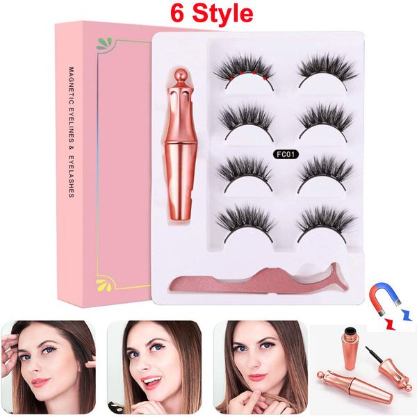 

4 Pairs Magnetic Eyelashes Lashes Liquid Eyeer +Tweezer eye makeup set 3D magnet False eyelashes reusable No Glue Needed 2020 NEW