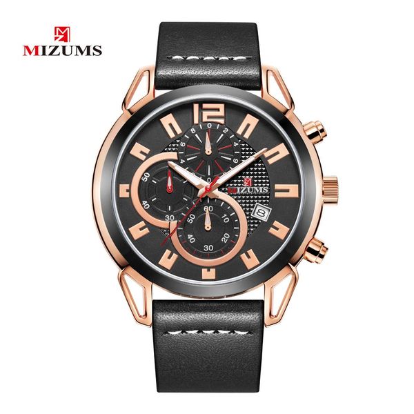 

mizums waterproof men's watch business quartz watch leather strap chronograph date display men's clock relogio, Slivery;brown