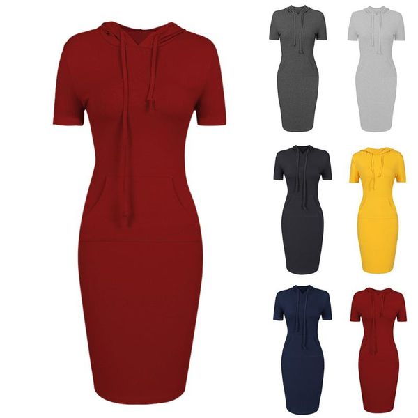 

womens solid patchwork dress summer short sleeve o neck casual long hooded sweatershirt dress bodycon mini dresses femme robe, Black;gray