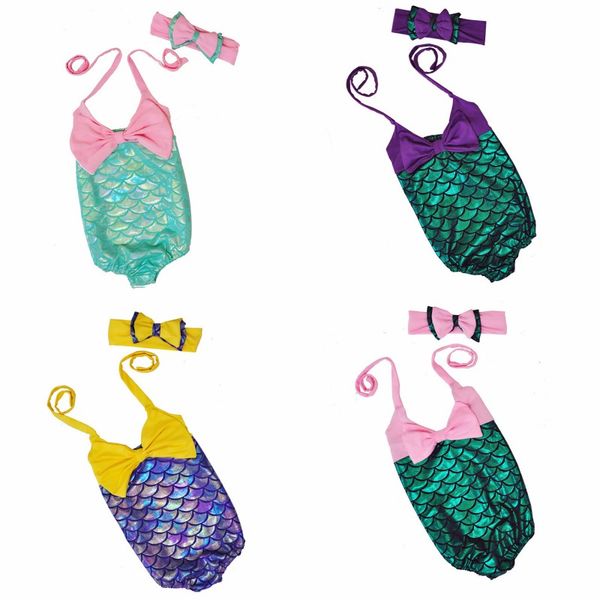 

children girls mermaid swimwear bow headband+bow swimsuit 2pcs/set cartoon mermaid bikini kids one-piece beach swimming suit, Black