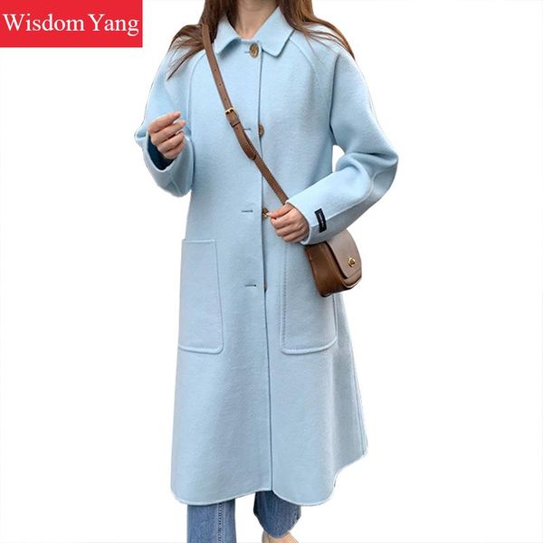 

winter cashmere real sheep wool fleece coat womens blue oversize loose ladies x-long woolen outerwear overcoat woollen coats, Black