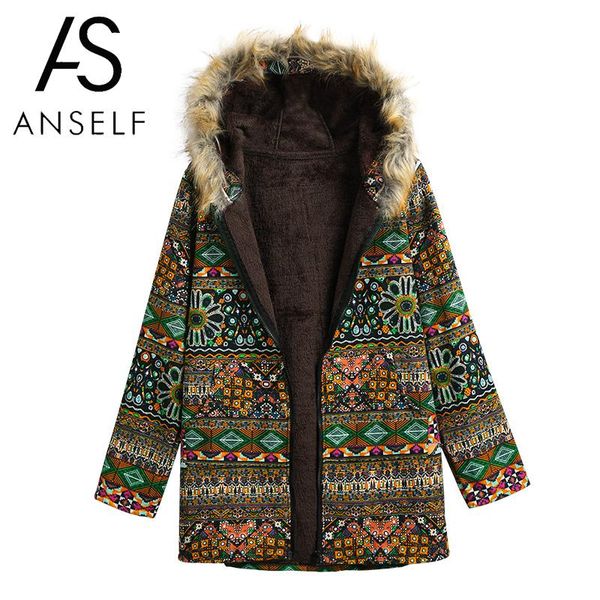 

anself 2019 winter parkas women jacket coat fluffy faux fur geometry print zipper long sleeve pockets cotton outwear overcoat, Black