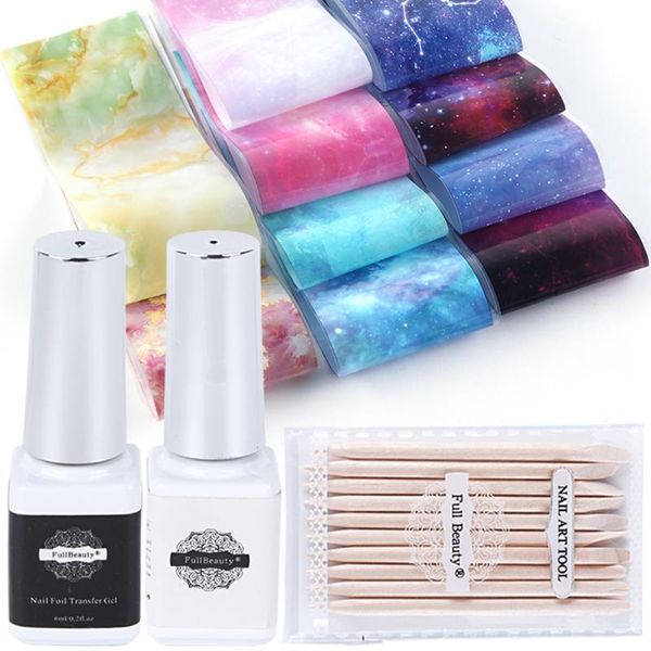 

10pcs nail foil glue gel set marble shining holographic design nail art transfer stickers diy adhesive starry sky wraps ji1022-1