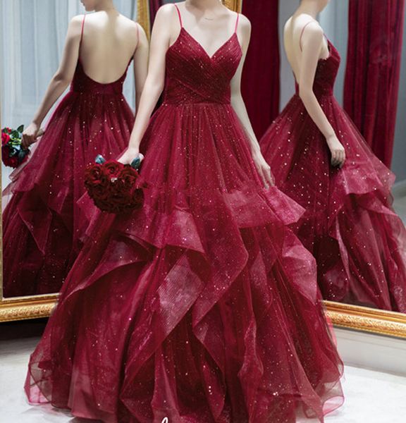 

2020 new arrival prom dress burgundy soft tulle with bling bling sequins evening gowns backless long dress, Black