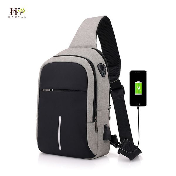 

haoyan men's usb charging chest bag 2019 new shoulder bag waterproof multi-pocket travel men's messenger