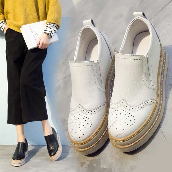 

new arrival woman summer casual genuine leather thick sole shoes women creepers casual breathable flat platform shoes 2020 dfv, Black