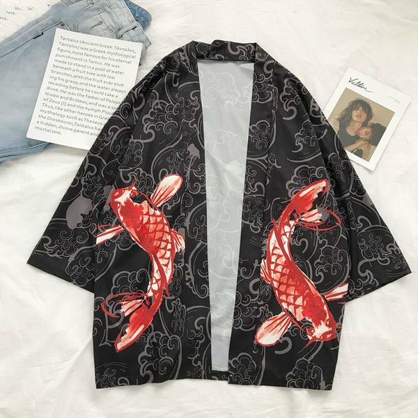 

#4243 summer japanese kimono cardigan shirt fish 3d printed thin black kimono streetwear harajuku loose casual tunic shirt male, White;black