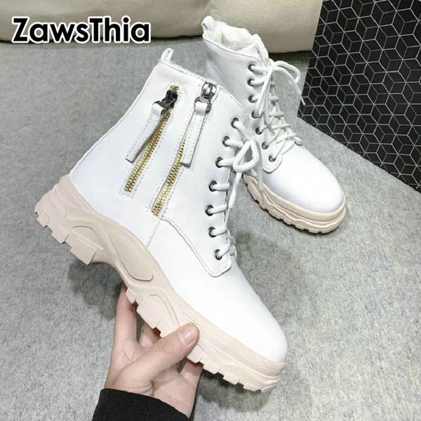 

zawsthia 2019 winter new white black cool punk boots lace up round toe platform sneakers shoes zipper women ankle boots size 46