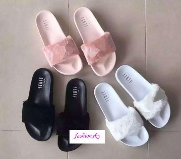 

send original box dust bag]rihanna leadcat fenty slippers faux fur slides sandal fashion women slide pink black white grey sandals slipper