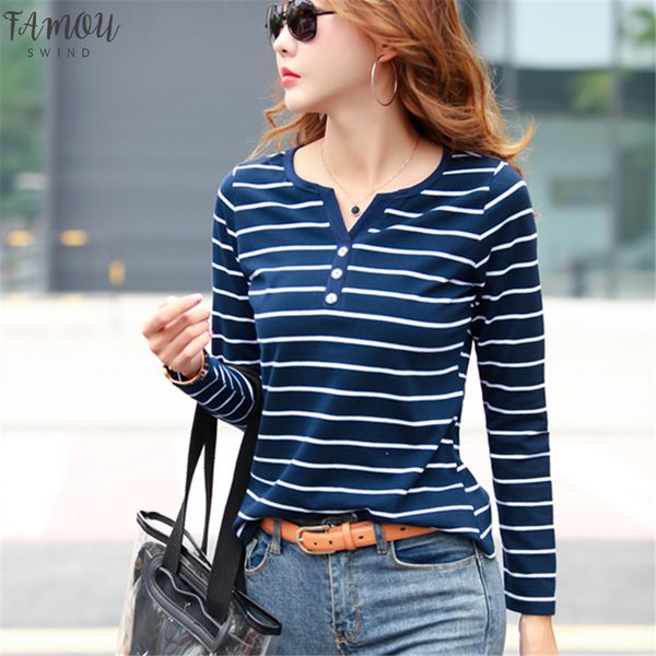 

cotton stripe t shirt female full sleeve women autumn spring ladies shirts plus size tshirt elastic t shirt blue red, White
