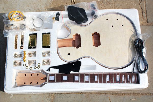 

factory custom natural wood electric guitar kit(parts) with mahogany body ans neck,clouds maple veneer,gold hardwares,diy guitar
