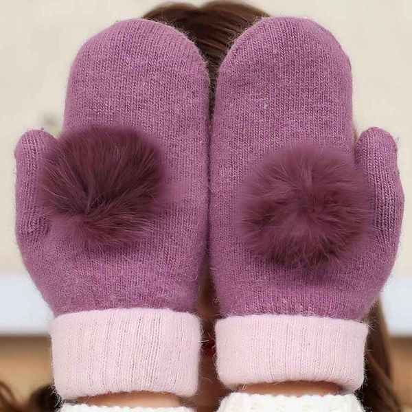 

winter fingerless gloves mittens for women real fur pompom warm wool gloves, Blue;gray