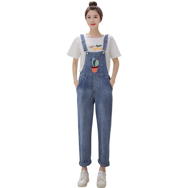

cartoon fairy ball embroidery jeans women college style jeans fashion overalls loose high waist bib pants vintage jumpsuit, Blue