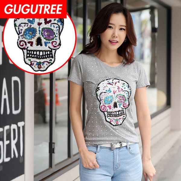 

gugutree sequins embroidery big skull patch animal cartoon patches badges applique patches for clothing dxl-17, Black