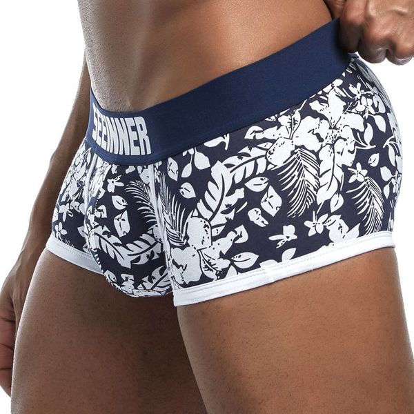 

new brand male panties breathable boxers cotton men underwear u convex pouch underpants printed leaves homewear shorts, Black;white