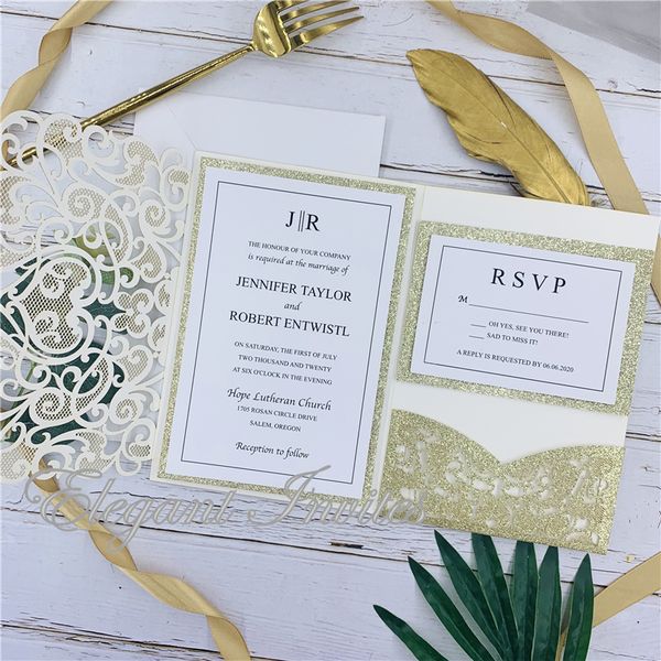

the modern touch-glitter champagne laser cut pocket fold with floral and geometric invitation with envelop ing