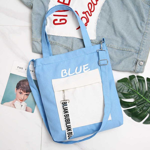 

hazy beauty lake blue single shoulder canvas bag woman reusable eco crossbody bag girl middle size book totes black