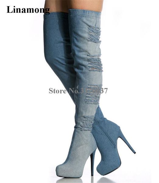 

selling women round toe high platform blue denim over knee boots fringes slim thigh high long heel boots, Black
