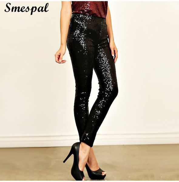

women slim fit ankle length sparkle sequined high waist pencil pants, Black;white